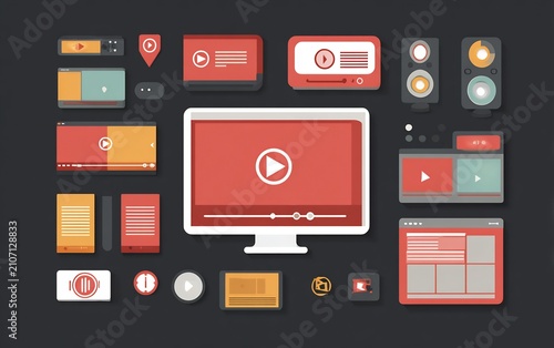 Digital media devices flat design illustration. Collection of various gadgets and user interfaces for online streaming and multimedia content