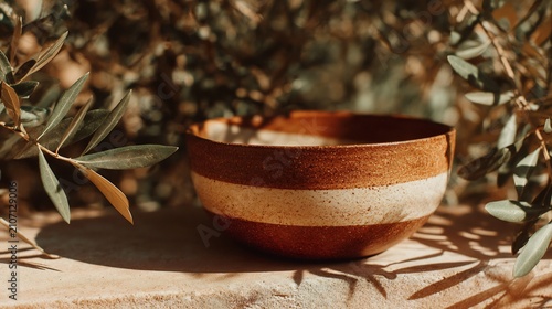 Handmade ceramic bowl on natural stone with olive branches and dappled sunlight