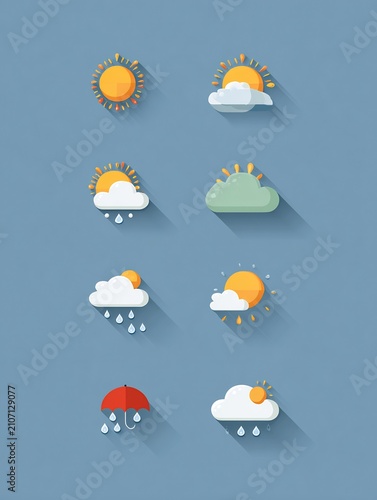 Flat Design Weather Icons Collection: Sun, Clouds, Rain, and Umbrella Symbols with Long Shadows