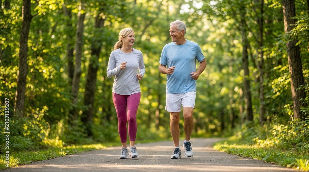 Fototapeta premium Healthy aged couple running together in a natural environment on a summer morning.