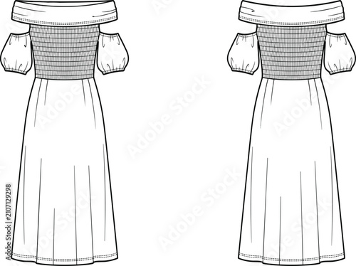 Fotografía Off shoulder smocked bodice midi dress flat sketch technical drawing vector illu