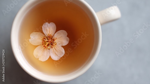 Delicate cherry blossom flower floating in a cup of herbal tea, overhead view on grey background.