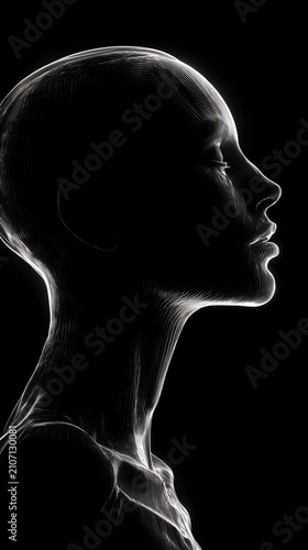 Wireframe human head profile with glowing contour lines, symbolizing AI, technology, and data visualization against a black background.