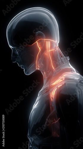 3D render of human head, neck, and shoulder with transparent skin, highlighting glowing neural pathways or pain points. Medical illustration of anatomy and nervous system.