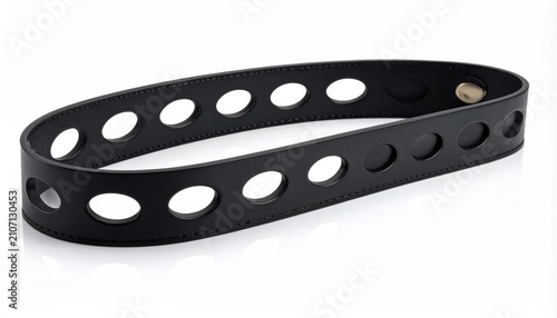 A sleek black leather belt with repeating oval cutouts and a buckle
