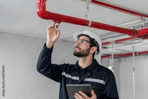 Worker Inspecting Fire Sprinkler System with Digital Tablet in Facility