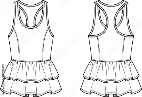 Schilderij op canvas Racerback layered ruffle hem tank top flat sketch technical drawing vector illus
