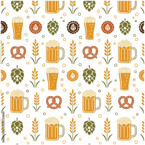 Foto International Beer Day Seamless Pattern with Beer Mug, Pretzel, Hops and Brewery