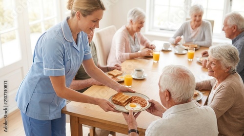 A European nurse in a soft blue uniform serves a healthy breakfast to elderly residents at a sunny nursing home table.