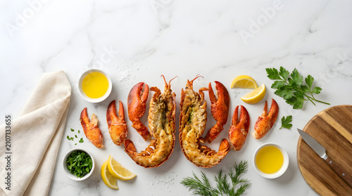 Gourmet steamed lobster halves on white marble, fresh seafood dinner with melted butter and lemon, elegant culinary flat lay with herbs