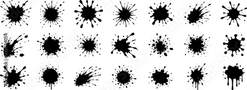 Set of black ink splashes, paint splatters and dripping blots isolated on transparent background for grunge posters, branding and creative graphic design
