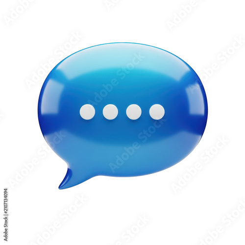 Glossy blue chat bubble icon with ellipsis dots isolated on transparent background