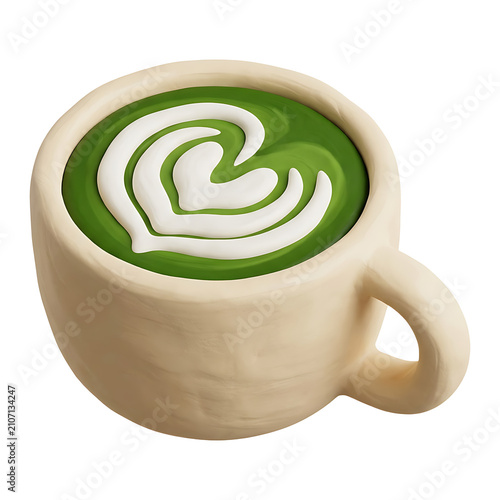 3D clay style matcha green tea latte with heart shaped foam art in a cream ceramic mug, cozy cafe morning beverage and wellness lifestyle concept