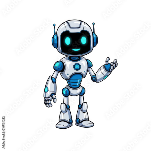 Cute cartoon robot with bright blue eyes and white and blue body isolated on transparent background