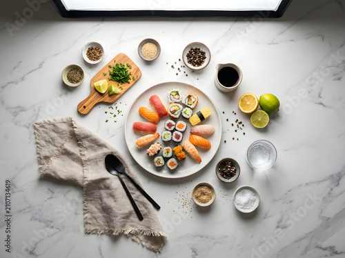 Gourmet sushi platter on white marble background, assorted nigiri and maki rolls with fresh ingredients, Japanese cuisine flat lay for restaurant menu