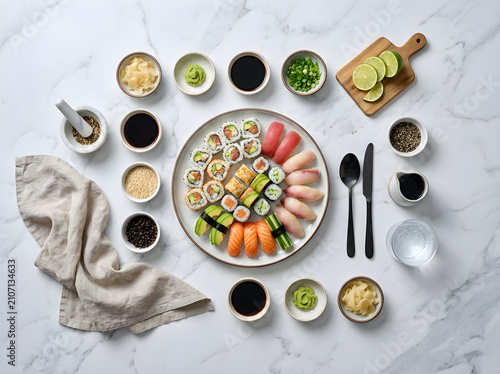 Gourmet sushi platter on white marble background, assorted nigiri and maki rolls with soy sauce, fresh japanese seafood dinner with wasabi and ginger