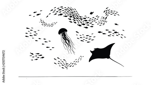 Fotografía Black and white illustration of jellyfish surrounded by fish and manta ray
