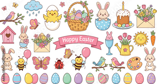 Konstfotografi Cute Easter vector element set featuring cartoon bunnies, colorful painted eggs, spring flowers, chicks, and holiday decorations isolated on a white background