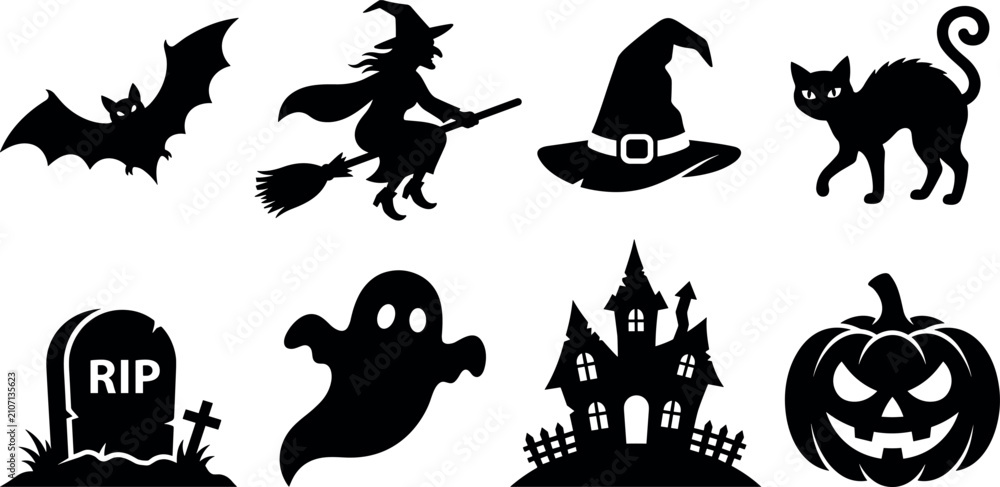 Fototapeta premium PrintHalloween Black Silhouette Icon Set with Spooky Pumpkin, Witch, Ghost, Haunted House, Bat, and Cat Symbols for Festive Holiday Graphic Designs