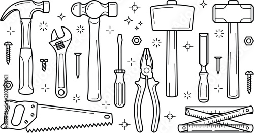 Carpentry work hand tools vector icons collection with hammers handsaw adjustable wrench screwdriver pliers chisel folding ruler and screws