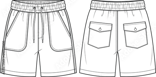 Photos Technical fashion flat sketch of casual drawstring shorts with front and back po