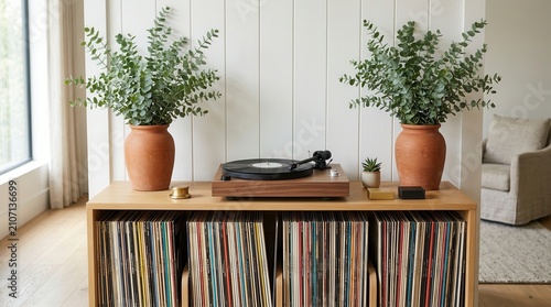 Retro turntable with a collection of classic vinyl records on a wooden shelf.