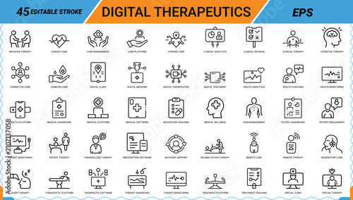 Cuadro en lienzo Digital therapeutics icon set for healthcare monitoring patient engagement medical software