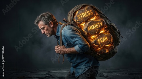 Man burdened by a conceptual backpack filled with glowing stones representing heavy emotional weight.
