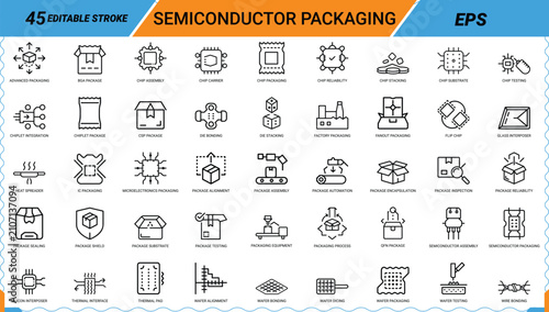 Fotografie Semiconductor packaging vector icons set outline style electronic chip manufacturing process