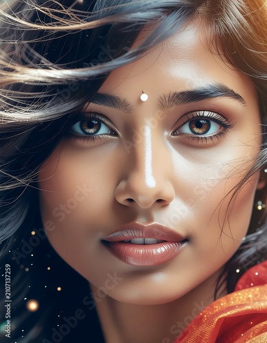 Close up portrait of a smiling woman with glitter makeup.