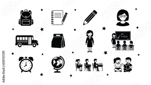 Educational icons set featuring school and learning elements on transparent background