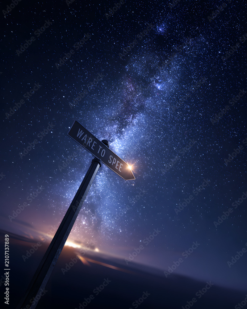 Naklejka premium A conceptual street sign pointing towards the spectacular Milky Way galaxy in a starry night sky, symbolizing discovery, dreams, and space exploration.
