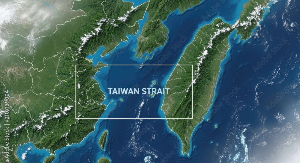 Fototapeta premium Detailed Satellite View Map of the Taiwan Strait Showing Taiwan Island and Mainland China Coastline