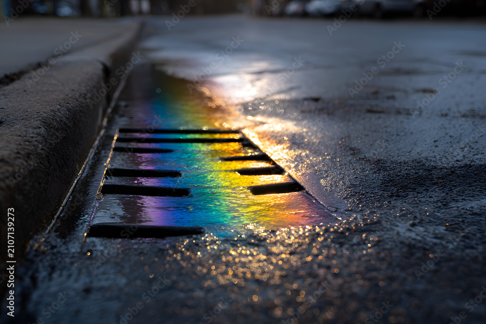 Obraz premium Vibrant rainbow oil slick on a wet city street next to a storm drain, highlighting urban water pollution and environmental runoff.