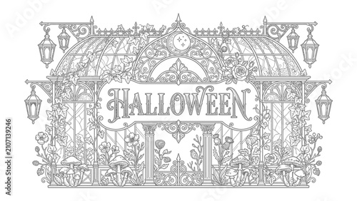 Obraz na plátně Intricate Halloween Archway: An elaborately decorated archway with a vintage feel, adorned with floral motifs and lanterns, features the word Halloween in decorative script