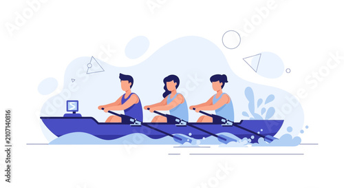 Team Rowing on Water: Diverse Group in Sync, Vector Illustration, Sports Concept