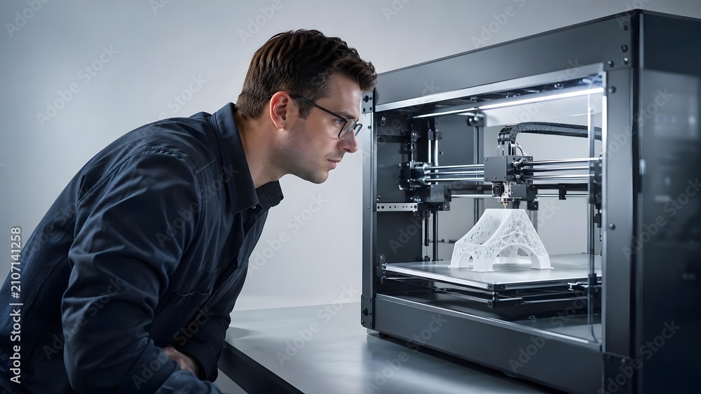 Fototapeta premium Man Observing 3D Printer Producing Complex Plastic Object