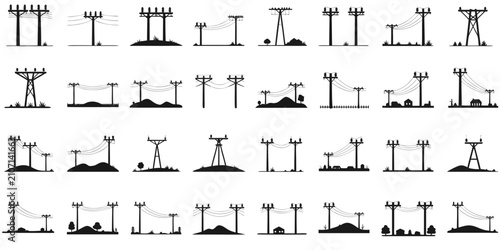 Black and white line of electric utility infrastructure on white background, line electric utility, power lines