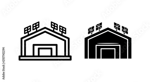 Solar powered warehouse industrial building icon set with warehouse building industry sustainable facility architecture structure renewable business logistics electricity