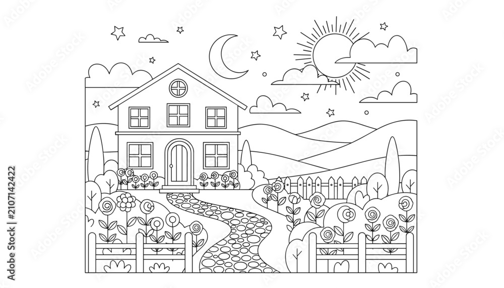 Fototapeta premium Scenic coloring page of a two story family home with a flower garden, path, and both sun and moon in a whimsical sky at once.