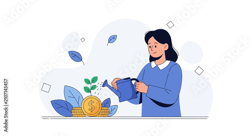 Woman watering money plant, symbolizing financial growth, investment, savings, and prosperity. Flat design vector illustration.