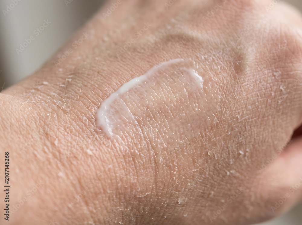 Fototapeta premium Close up of moisturizing cream being applied to dry flaky skin on hand.