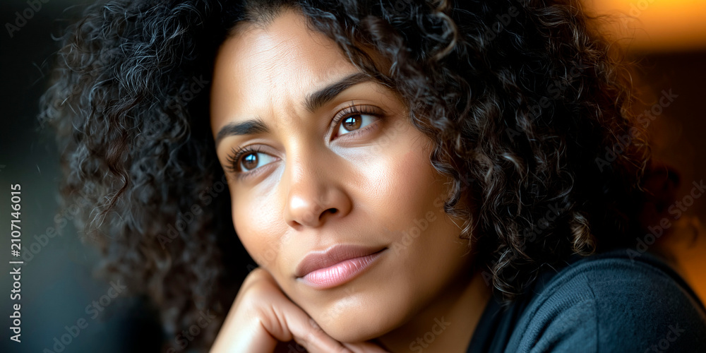 Fototapeta premium Thoughtful woman with curly black hair resting chin on hand and looking away indoors, closeup portrait expressing natural beauty, confidence and contemplation