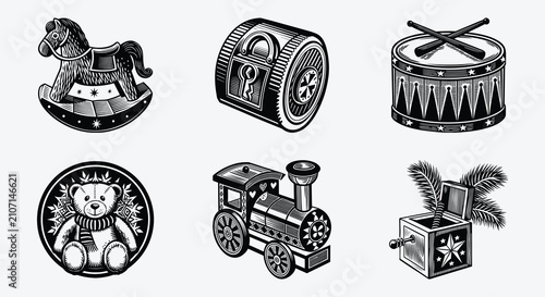 Vintage linocut vector set featuring classic Christmas toys like a rocking horse, drum, train, teddy bear, and jack-in-the-box in a monochrome woodcut style.