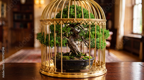 Bonsai tree in ornate gold cage on wooden table in cozy library interior. Concept of dependency, hindrance to growth