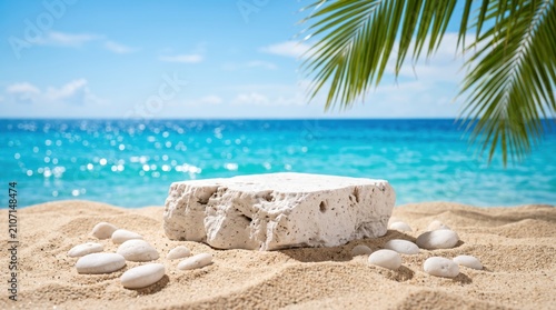 White stone podium on tropical beach with ocean background and palm leaf for cosmetic product display mockup design.