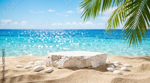White stone podium on tropical sandy beach with palm leaves and blue ocean for cosmetics product presentation display.