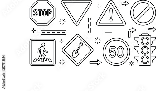 Bild auf Leinwand Traffic and stop signs vector icon set black outline doodle collection with spee