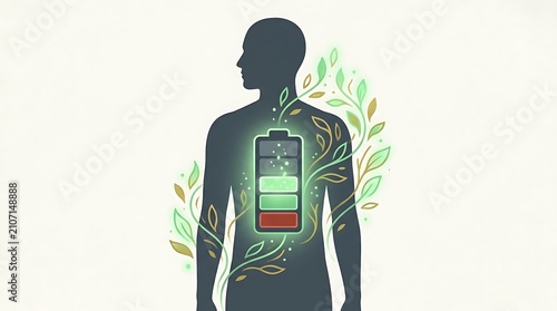 Human silhouette with glowing battery. Concept of body energy recharge and wellness.