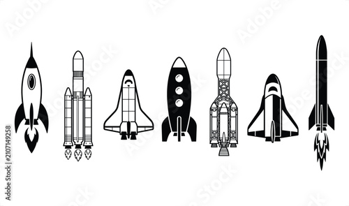 Cuadro en lienzo Diverse rocket fleet lined up with exhaust flames against white background for s